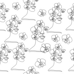 Fototapeta premium Woman and flowers seamless pattern. Vector illustration female portrait. One line drawing modern trend. Fashion, beauty, design, logo salon