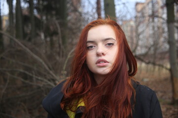 Naklejka premium Young woman in the field people one person girl pretty woman cute model red hair female beauty outdoor nature forest sky face lifestyle romantic pretty lady
