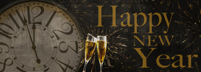 HAPPY NEW YEAR 2022 - Festive silvester New Year's Eve Party background panorama banner long - Golden yellow fireworks, clock and champagne classes toasting in the dark black night