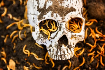 Maggots crawling on dead skull closeup photo