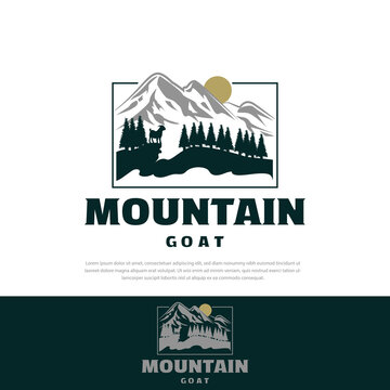 Mountain scenery logo illustration goat trees, hills, sun, mountains, symbol, illustration icon