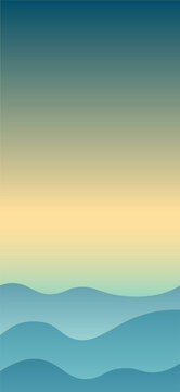 Flat peaceful landscape with Mountains and blue and yellow gradient sky at sunrise. Vacation and Outdoor Banner. Recreation and Meditation Poster Concept. Serenity Vector illustration background.