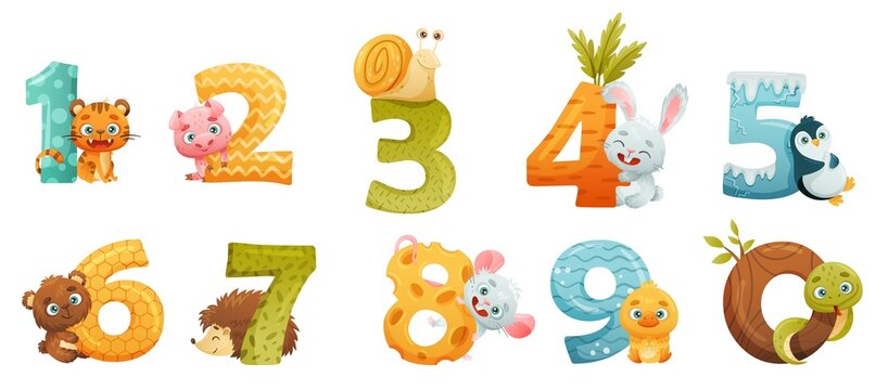 Set of numbers with cute baby animals. Educational numbers, kids anniversary, home or kindergarten decor cartoon vector illustration