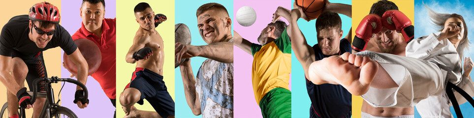 Sport collage. Attack. Bowling, volleyball, mma, rugby, karate and basketball players © Andrey Burmakin