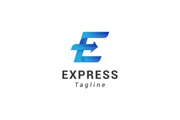 Fototapeta premium Letter E creative 3d blue colour arrow technological express logo