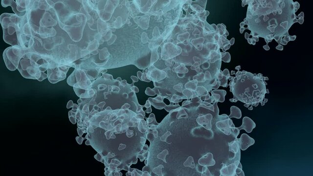 Microscopic view of infectious SARS-CoV-2 omicron arcturus virus cells. 3D animation