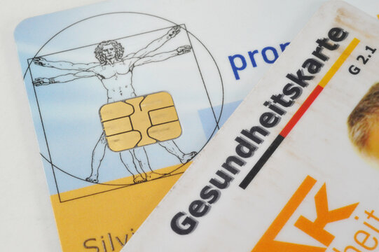 Hamburg, Germany - October 10, 2021: German Electronic Health Cards - elektronische Gesundheitskarte, or eGK for short - for everyone with public (statutory) health insurance