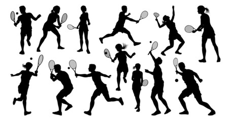 Fototapeta na wymiar Silhouette Tennis Players Sports People Set