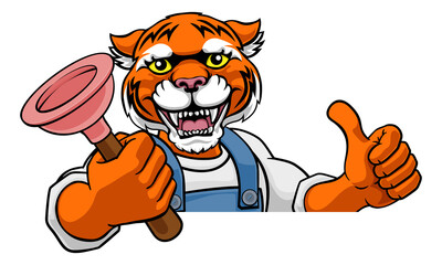 Tiger Plumber Cartoon Mascot Holding Plunger
