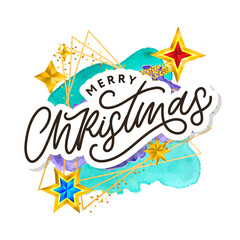 Merry Christmas text decorated with hand drawn lettering with gold stars. Greeting card design element. Vector typography.