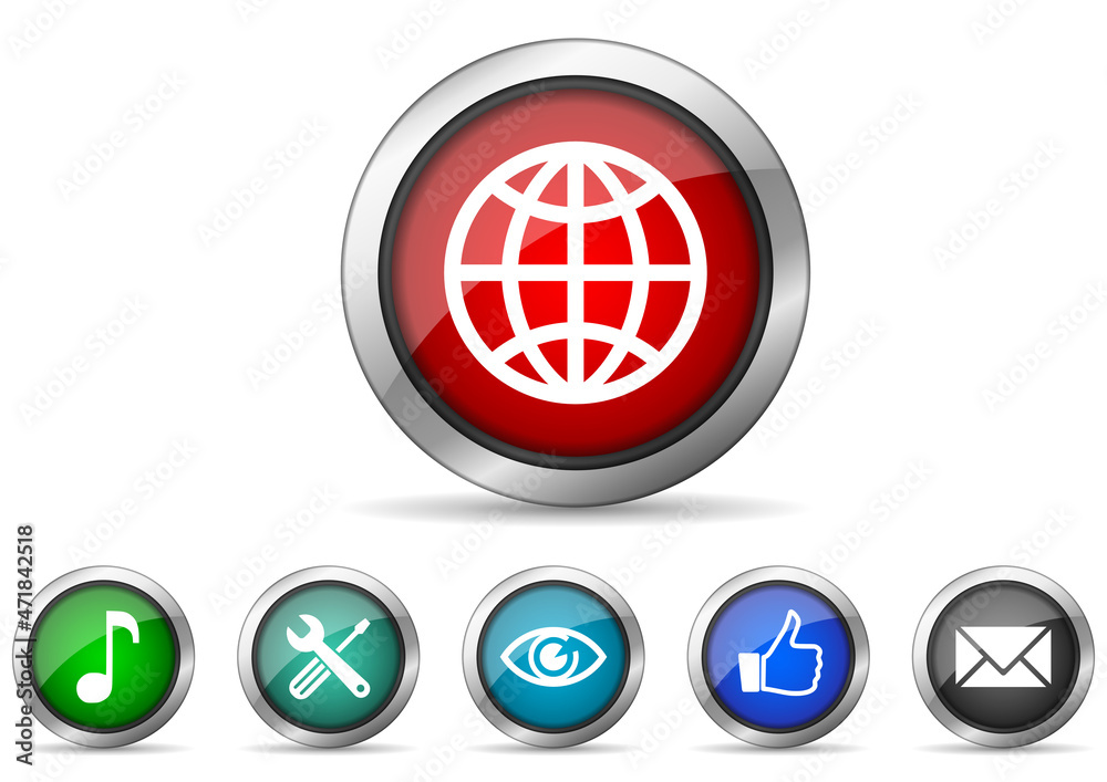 Poster set of silver metallic web icons, glossy chrome technology concept buttons