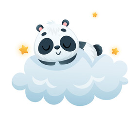 Cute Panda Character Sleeping on Soft Cloud with Bright Star Around Vector Illustration