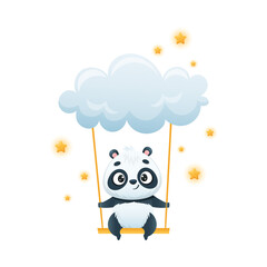 Cute Panda Character on Swing Attached to Soft Cloud with Bright Star Around Vector Illustration