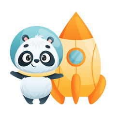 Cute Panda Character in Helmet Ready for Rocket Launch Vector Illustration