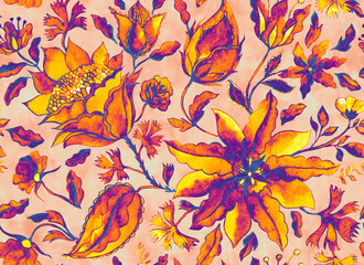 Fototapeta premium Paisley seamless hand painted water color floral pattern with beige flowers, flores, tulips. Grunge watercolor vintage oriental paisley print. Colorful whimsical dark navy blue background for design.