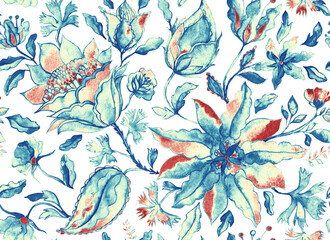 Paisley seamless hand painted water color floral pattern with beige flowers, flores, tulips. Grunge watercolor vintage oriental paisley print. Colorful whimsical dark navy blue background for design.
