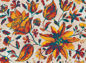 Paisley seamless hand painted water color floral pattern with beige flowers, flores, tulips. Grunge watercolor vintage oriental paisley print. Colorful whimsical dark navy blue background for design.