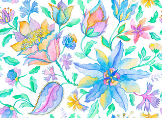 Paisley seamless hand painted water color floral pattern with beige flowers, flores, tulips. Grunge watercolor vintage oriental paisley print. Colorful whimsical dark navy blue background for design.