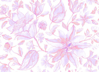 Paisley seamless hand painted water color floral pattern with beige flowers, flores, tulips. Grunge watercolor vintage oriental paisley print. Colorful whimsical dark navy blue background for design.