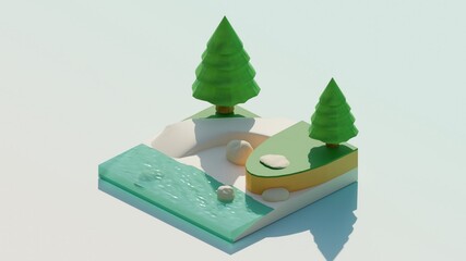 Isometric island with tree and bushes. Island in low-poly style.