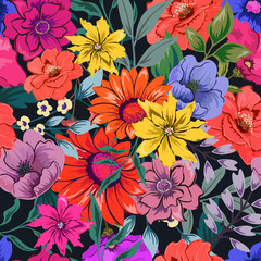 Elegant colorful seamless floral pattern on dark background.