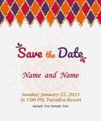 Save the Date Luxury Colorful Wedding invitation vector. Shiny Wedding card with a glitter texture. Save the date cards. Vector illustration.