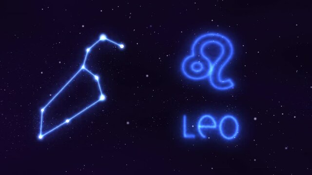 Horoscope, zodiac sign Leo in a constellation of bright stars connected by luminous lines. Animation of a sign in the moving cosmic night sky. The symbol of the constellation and horoscope.