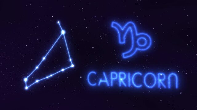 Horoscope, zodiac sign Capricorn in a constellation of bright stars connected by luminous lines. Animation of a sign in the moving cosmic night sky. The symbol of the constellation and horoscope.