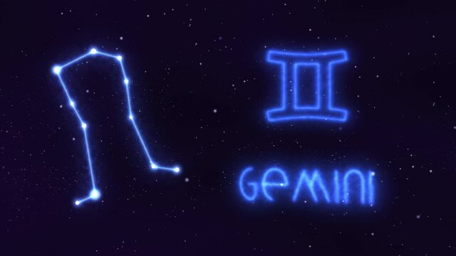 Horoscope, zodiac sign Gemini in a constellation of bright stars connected by luminous lines. Animation of a sign in the moving cosmic night sky. The symbol of the constellation and horoscope.