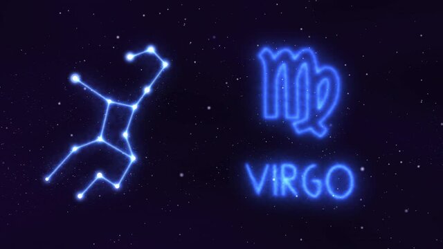 Horoscope, zodiac sign Virgo in a constellation of bright stars connected by luminous lines. Animation of a sign in the moving cosmic night sky. The symbol of the constellation and horoscope.