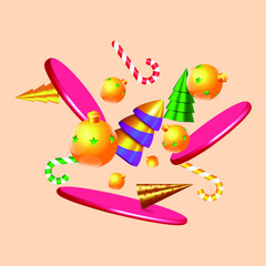 Flying festive composition. Merry Christmas and Happy New Year illustration. Falling 3d decor, christmas trees and candy canes. Festive composition with realistic 3D objects. 