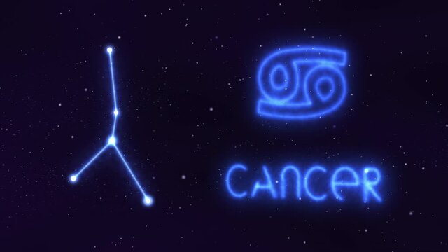 Horoscope, zodiac sign Cancer in a constellation of bright stars connected by luminous lines. Animation of a sign in the moving cosmic night sky. The symbol of the constellation and horoscope.