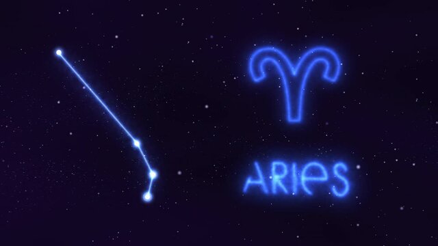 Horoscope, zodiac sign Aries in a constellation of bright stars connected by luminous lines. Animation of a sign in the moving cosmic night sky. The symbol of the constellation and horoscope.