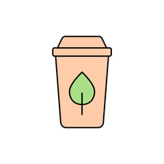 Biodegradable compostable cup color icon. Disposable non toxic paper cup with green leaf. Environmental friendly packaging. Recyclable material product. Vector illustration, flat, outline, clip art. 