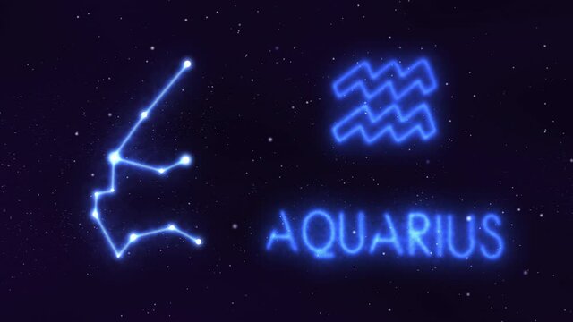 Horoscope, zodiac sign Aquarius in a constellation of bright stars connected by luminous lines. Animation of a sign in the moving cosmic night sky. The symbol of the constellation and horoscope.