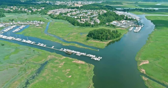 Aerial sumer view of Many different type of small boats at port of New Jersey in US