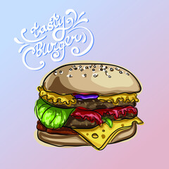 Hand drawn vector hamburger with cheese, lettuce, tomatoes and buns with sesame seeds. Junk food for children and adults. Fast food illustration