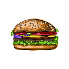 Hand drawn vector hamburger with cheese, lettuce, tomatoes and buns with sesame seeds. Junk food for children and adults. Fast food illustration