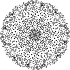 Christmas outline mandala, holiday coloring page with snowflakes and holly and Xmas attributes
