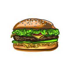 Hand drawn vector hamburger with cheese, lettuce, tomatoes and buns with sesame seeds. Junk food for children and adults. Fast food illustration