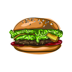 Hand drawn vector hamburger with cheese, lettuce, tomatoes and buns with sesame seeds. Junk food for children and adults. Fast food illustration