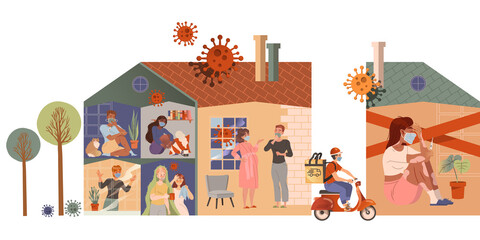 Fototapeta premium People staying at home with self quarantine. Stay home during Coronavirus Pandemic vector illustration