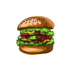 Hand drawn vector hamburger with cheese, lettuce, tomatoes and buns with sesame seeds. Junk food for children and adults. Fast food illustration