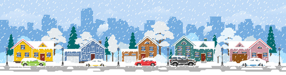 winter cityscape panorama street view with suburban houses  cars snowdrifts falling snow  vector illustration