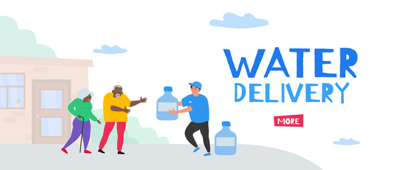 man courier with large  bottles of  water delivery  to african american senior couple home vector illustration