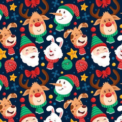 Christmas seamless pattern with gingerbread, Christmas traditional snowmans,polar deers,dogs, seasonal winter pattern