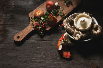 fresh milk mushrooms and russula on the table - obrazy, fototapety, plakaty
