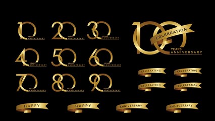 Set of anniversary logotype with gold ribbon. Golden anniversary celebration emblem design for booklet, leaflet, brochure poster, web, invitation or greeting card. Vector illustration.