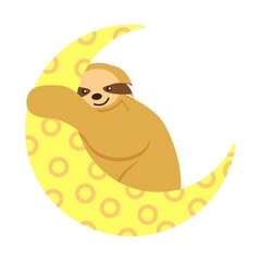 Baby sloth hanging on a yellow crescent isolated. Moon and star. Cute and funny. Flat cartoon style. Nature and ecology. Good night. Kids bedroom. Nursery, post card, poster, graphic design, textile