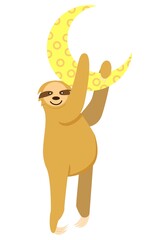 Baby sloth hanging on a yellow crescent isolated. Moon and star. Cute and funny. Flat cartoon style. Nature and ecology. Good night. Kids bedroom. Nursery, post card, poster, graphic design, textile